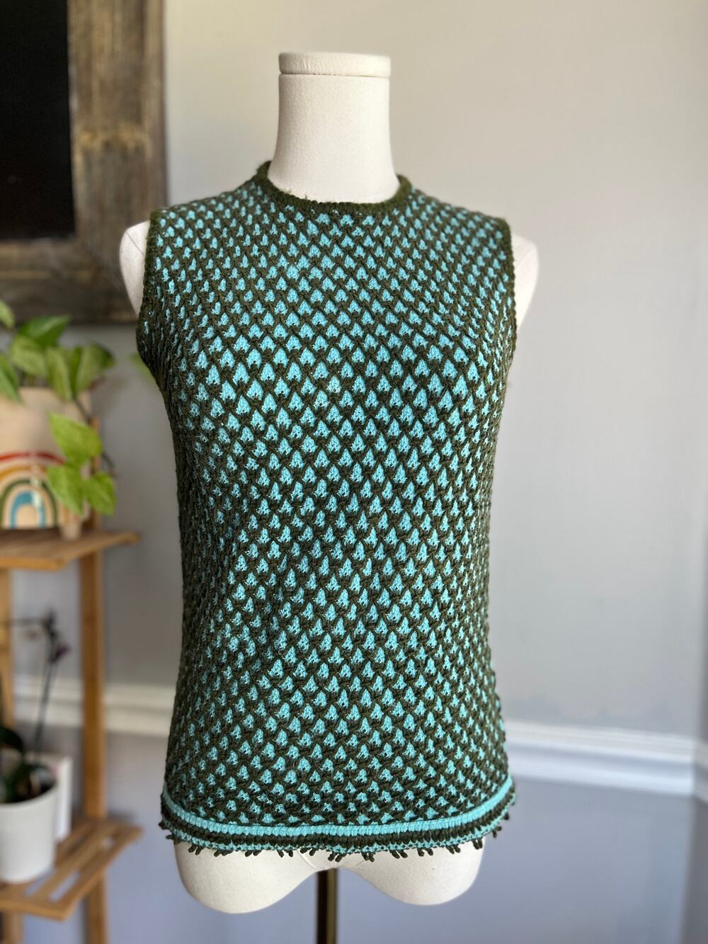 Vintage 60s Sleeveless Sweater Vest Green Blue Size Small